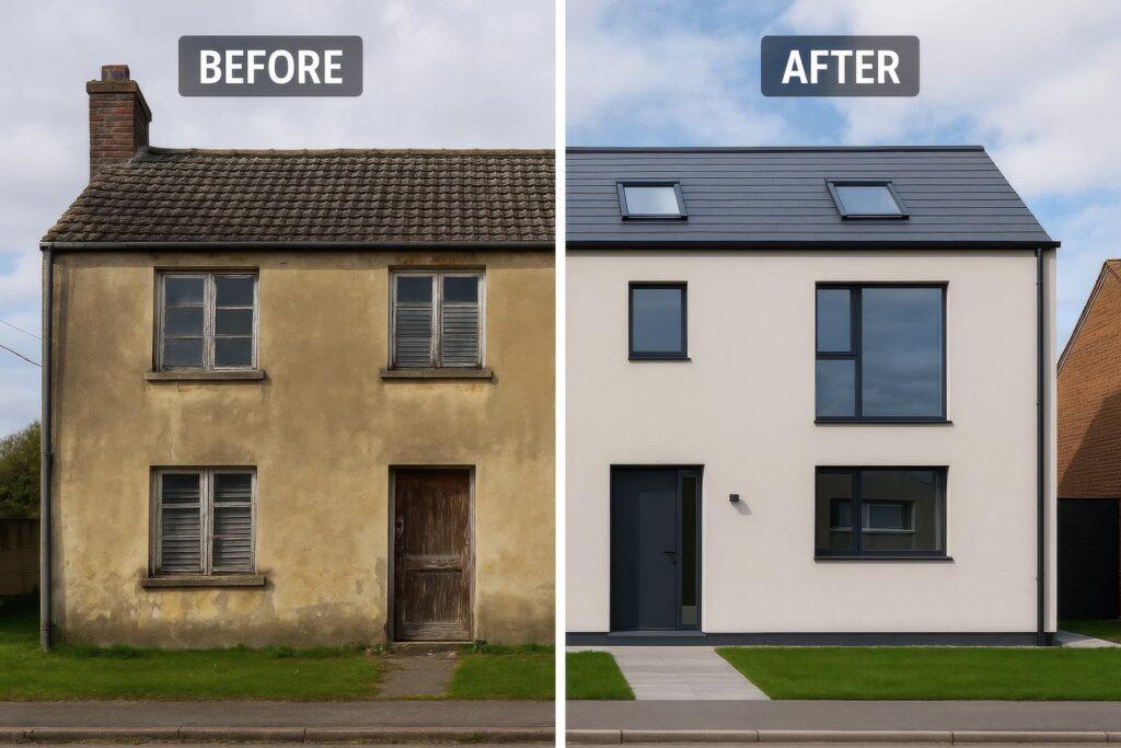 Haus im direkten Vergleich vor und nach erfolgreicher Modernisierung | Pools